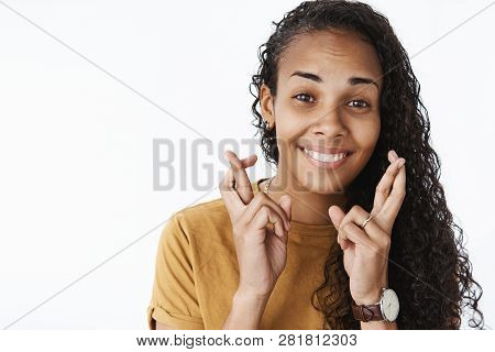 Girl Eager See Results, Anticipating Miracle Crossing Fingers As Wishing Good Luck Smiling Broadly L