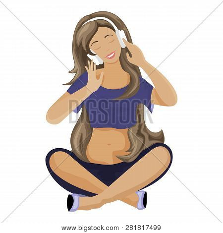Young Pretty Woman Sits On The Floor And Listens Music Tunes By Big Headphones. Girl Looks Joyful Re