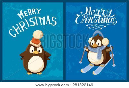 Penguin In Santa Hat And Earmuffs On Skis Greeting Card. Bird In Scarf And Sticks, Festive Headdress