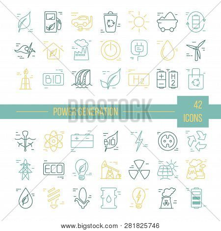 Collection Of Linear Style Vector Icons  On The Theme Of Electric Power. Renewable And Non-renewable