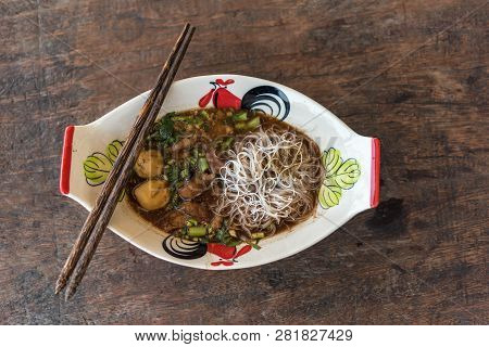 Braised Beef Clear Noodle With Meat Balls Soup Stew (ekaehla Meat) With Vegetable In Bowl For Sale A