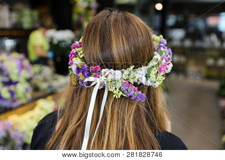 A Beautiful Wreath Of Of Limonium Sinuatum Or Statice Salem Flowers In Blue, Lilac, Violet, Pink, Wh