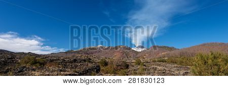 The Mount Etna Volcano With Smoke In Winter. Catania, Sicily Island, Italy, Europe