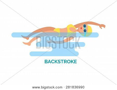 Backstroke Swimmer Floating On Back Using Hands. Poster With Text And Woman Wearing Goggles, Hat And