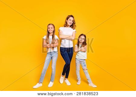 Full Length Body Size View Portrait Of Three Nice Attractive Slim Cheerful Cheery People Folded Arms