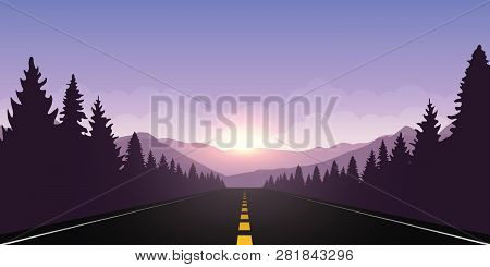 Roadtrip Adventure Staight Road And Forest Landscape At Sunrise Vector Illustration Eps10