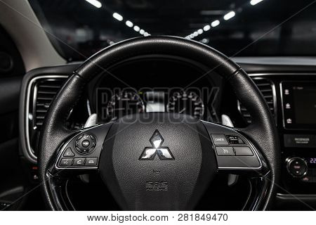 Novosibirsk, Russia - February 01, 2019: Mitsubishi Outlander ,  Close-up Of The Dashboard, Speedome