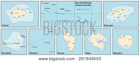 Vector Map Of The Austral Islands In The Southern Pacific Ocean, French Polynesia, France