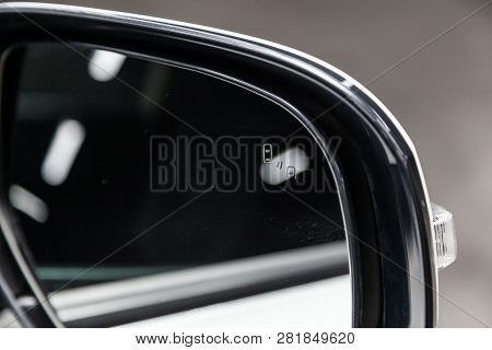 Novosibirsk, Russia - February 01, 2019: Mitsubishi Outlander , Close-up Rearview Mirror With Parktr