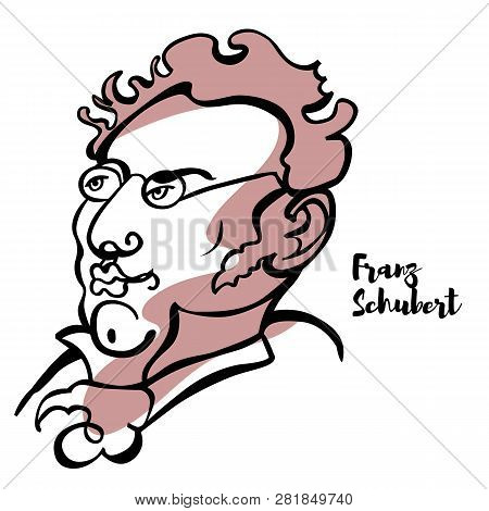 Franz Schubert Engraved Vector Portrait With Ink Contours. Austrian Composer Of The Late Classical A