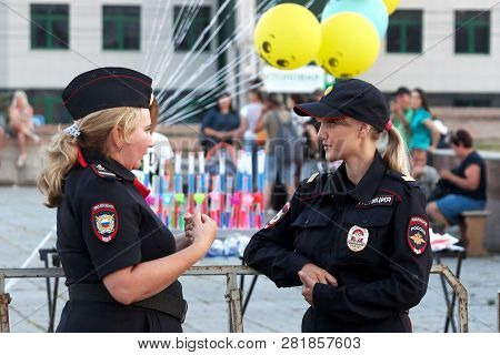 Russia, City Of Magnitogorsk, - August, 12, 2016. The Girls Are Russian Police During Street Patrols