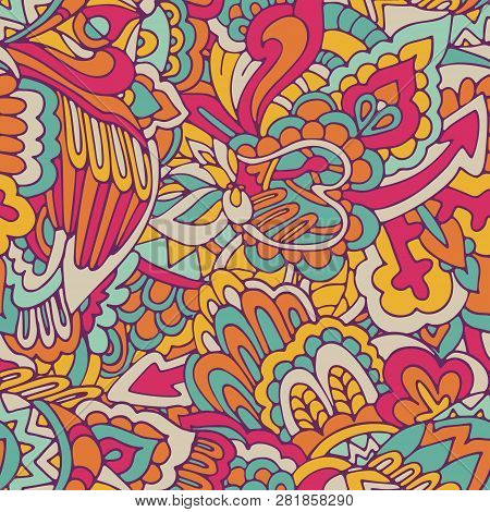 Surface Design Pattern Seamless Abstract Ornamental Doodle Texture. Vintage Folwer Power Hippie Them