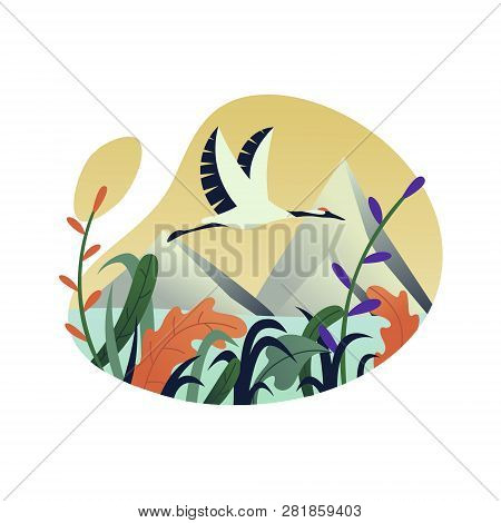 Nature, Lake And Shadoof In Sky, Vector Flat Illustration, Shape Icon, White Background