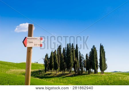 Siena, Italy - June 19, 2018. A Road Sign In The Crete Senesi (senese Clays) Reading: 