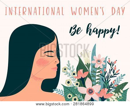 International Women S Day. Vector Template With Metis Woman And Flowers