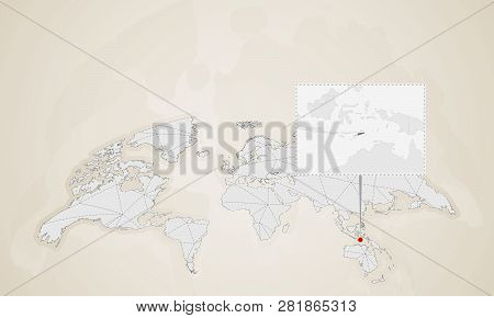 Map Of East Timor With Neighbor Countries Pinned On World Map. Abstract Triangles World Map.