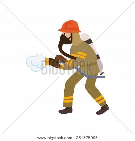 Boy Firefighter Wearing Protective Uniform, Helmet And Mask, Freman Character Doing His Job Vector I