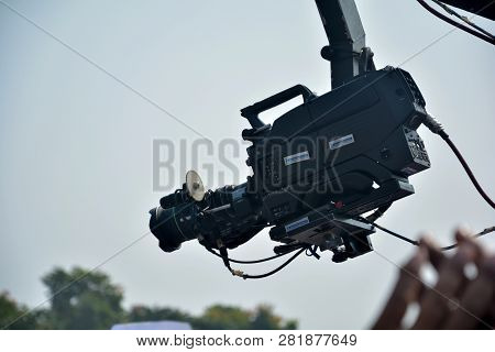 Thakurnagar, West Bengal, India, February, 02, 2019,  Camera Crane Taking The Shots Of People In Pri
