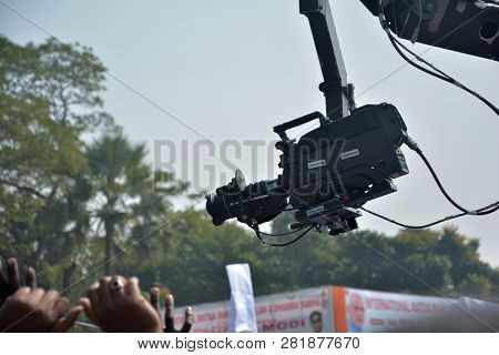 Thakurnagar, West Bengal, India, February, 02, 2019,  Camera Crane Taking The Shots Of People In Pri