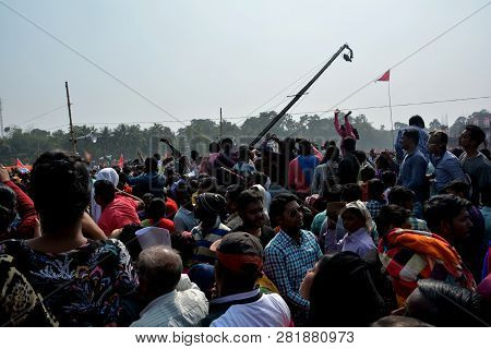 Thakurnagar, West Bengal, India, February, 02, 2019,  Camera Crane Taking The Shots Of People In Pri