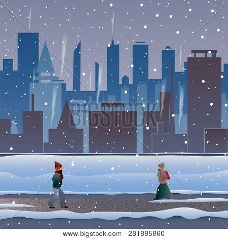 City In The Snow. People Go Through A Snowstorm Down The Street. Anomal Frosts.