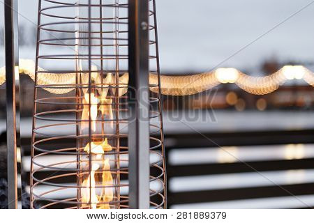 Fire, Warm, Warms Fire On The Background Of The City, Gas Lampa In A Street