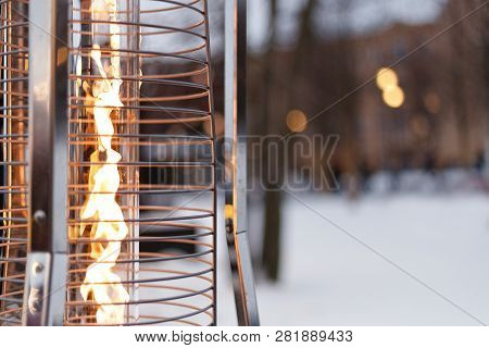 Fire, Warm, Warms Fire On The Background Of The City, Gas Lampa In A Street