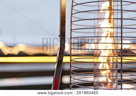 Fire, Warm, Warms Fire On The Background Of The City, Gas Lampa In A Street