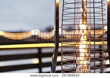 Fire, Warm, Warms Fire On The Background Of The City, Gas Lampa In A Street