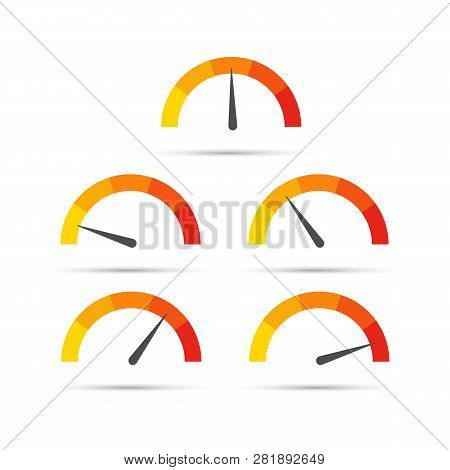Round Temperature Gauge, Isolated On White Background. Colored Measuring Semicircle Scale In Flat St