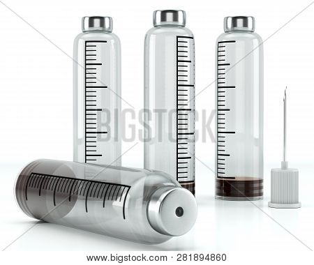 3d Render Of A Injection Phial With Needle On White Background. Diabetes Treatment Concept.