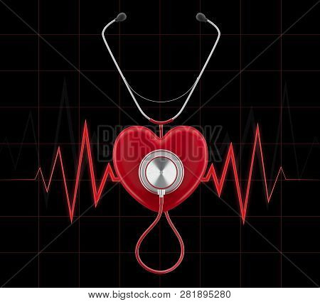 Render Of A Stethoscope On A Red Heart With Pulse Diagram In The Background. Heart Diagnostics Conce