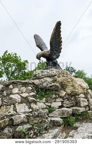 The Bronze Sculpture Of An Eagle Fighting A Snake On A Mashuk Mountain, Pyatigorsk, Russia. Official