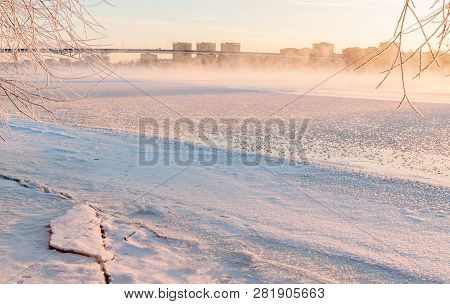 Winter Landscape In The Early Morning Overlooking The City Of Dubna And The Bridge Over The Volga. F