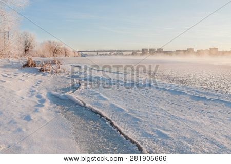 Winter Landscape In The Early Morning Overlooking The City Of Dubna And The Bridge Over The Volga. F