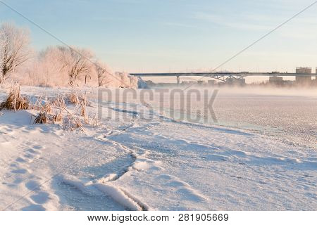 Winter Landscape In The Early Morning Overlooking The City Of Dubna And The Bridge Over The Volga. F