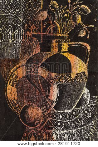 Still Life Black And White Illustration. Engraving Scratching