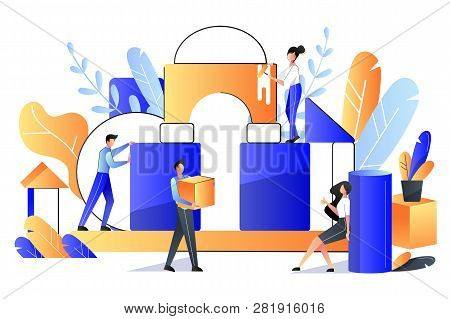 Teamwork, Cooperation, Partnership Concept. Vector Flat Style Illustration. Happy Young People Build