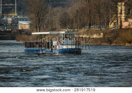 Prague, Czech Republic / Europe - January 31 2019: Ferry Boat Running Across Moldau River At Troja D