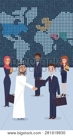 Vector Group Business People Standing In Office. Flat Illustration An Arab Man Nationality Welcomes 