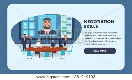 Illustration Negotiation Skills Business People. Banner Group People Conference Hall. Two Men Sign C