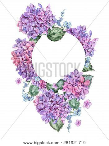 Summer Watercolor Vintage Floral Round Frame With Blooming Hydra