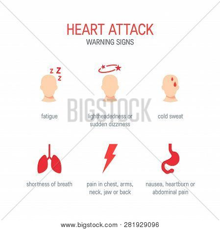 Heart Attack Symptoms. Simple Icons For Medical Infographics, Articles, Textbooks, Posters Etc. Vect