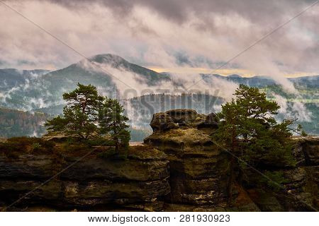 Misty Rainy Morning Landscape With The Sand Rocky Montains In Bohemian Saxon Switzerland In Autumn C