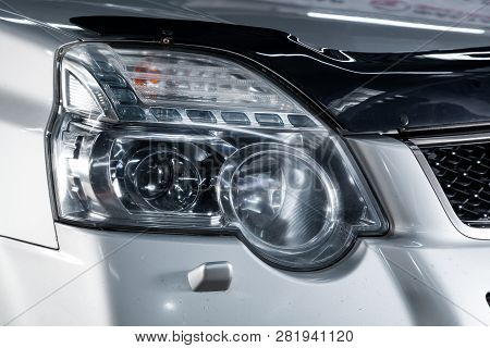 Novosibirsk, Russia -february 01, 2019:  Nissan Xtrail,   Close-up Of The Headlights. Photography Of