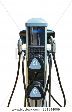Charging Station For Zero Emission Cars Isolated On White Background. Electrical Infrastructure For 