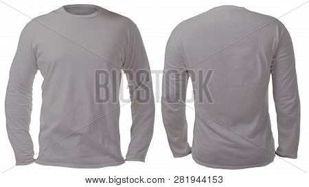 Blank Long Sleeved Shirt Mock Up Template, Front And Back View, Isolated On White, Plain Gray T-shir