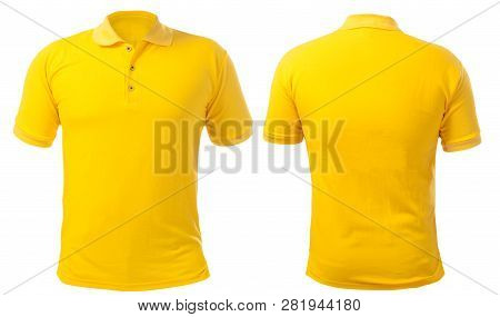 Blank Collared Shirt Mock Up Template, Front And Back View, Isolated On White, Plain Yellow T-shirt 