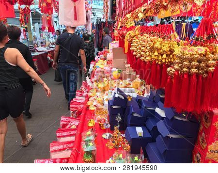 A street stall selling chinese new year decorations in Clementi, Singapore February 1st 2019.