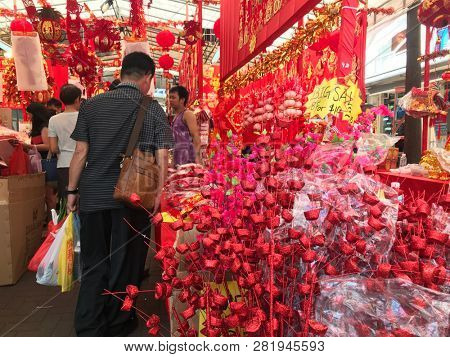 Street market selling chinese new year decorations in Clementi, Singapore on February 1st 2019